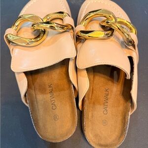 Catwalk Women's Tan Mules with Gold Chain Detail